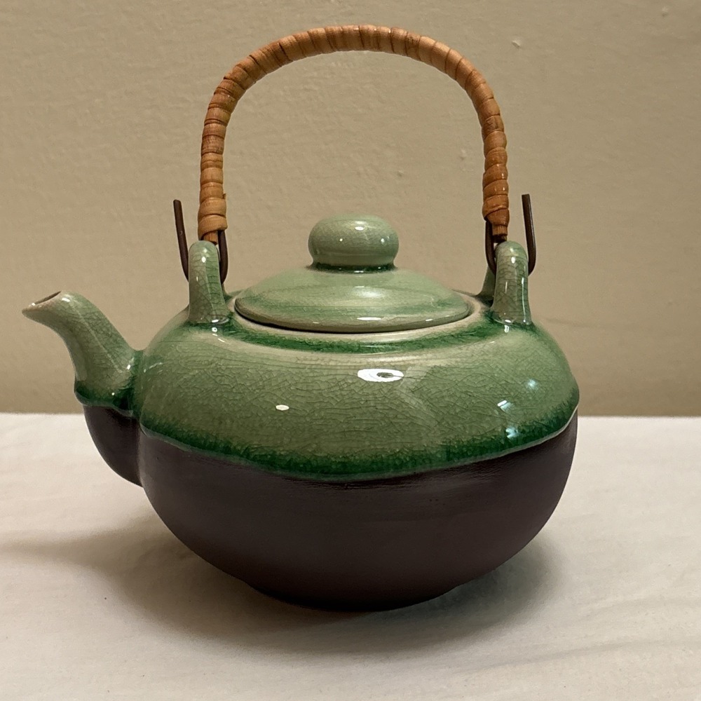 Bombay Company Green Crackle Glaze Ceramic Teapot with Bamboo Handle